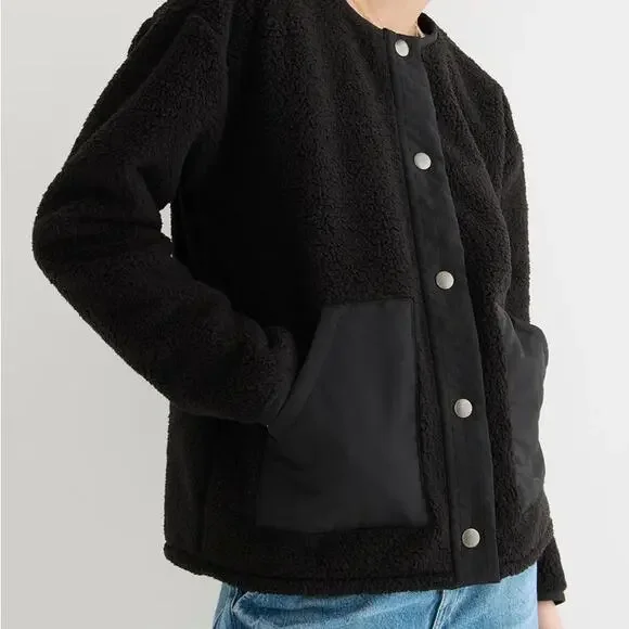 J. Crew Teddy Sherpa Snap Front Relaxed Fit Lady Jacket Black Size XS - Picture 2 of 7